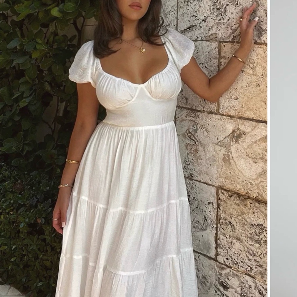 Showpo Anita Midi White Open Back Puff Sleeve Dress